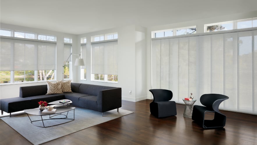Motorized shades in a modern living room